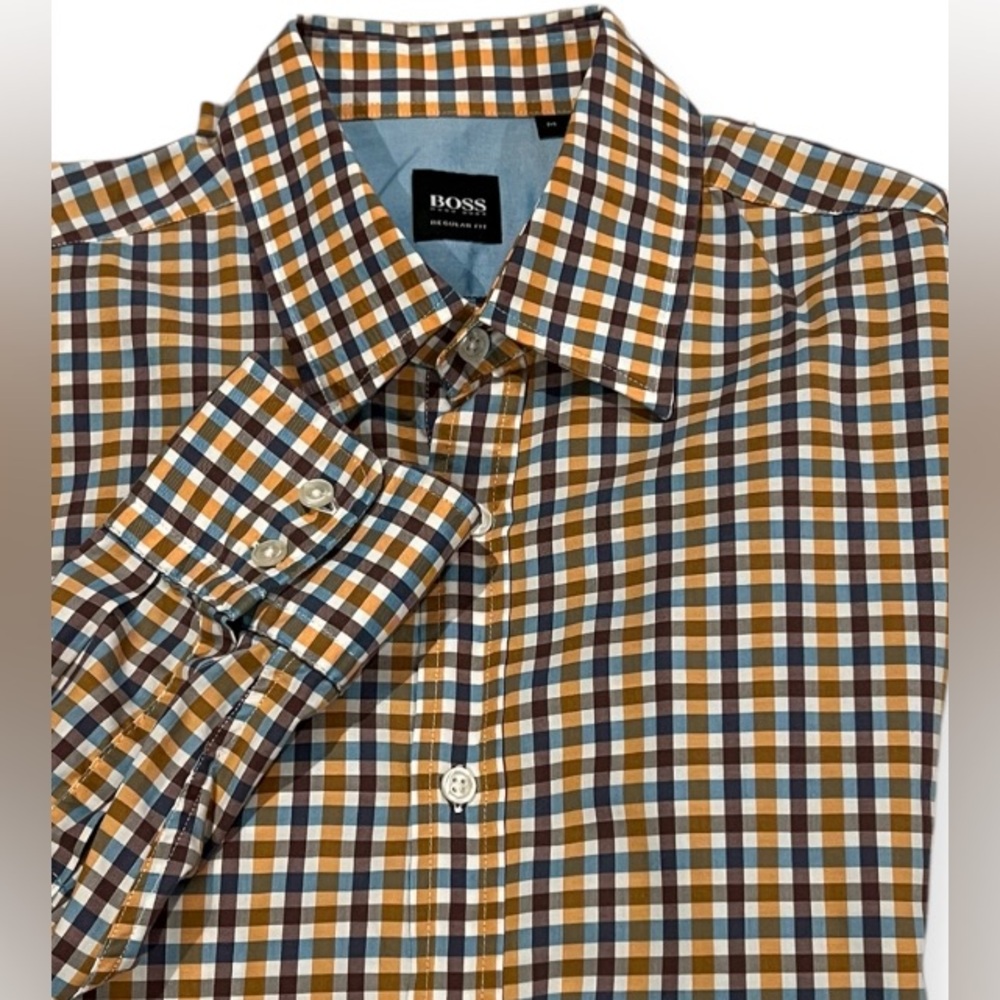 Hugo‎ Boss Men's Medium Long Sleeve Checkered Plaid Cotton Collared Shirt